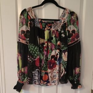 Anthropologie Black Multicolor Floral Blouse Sire Xs X Small